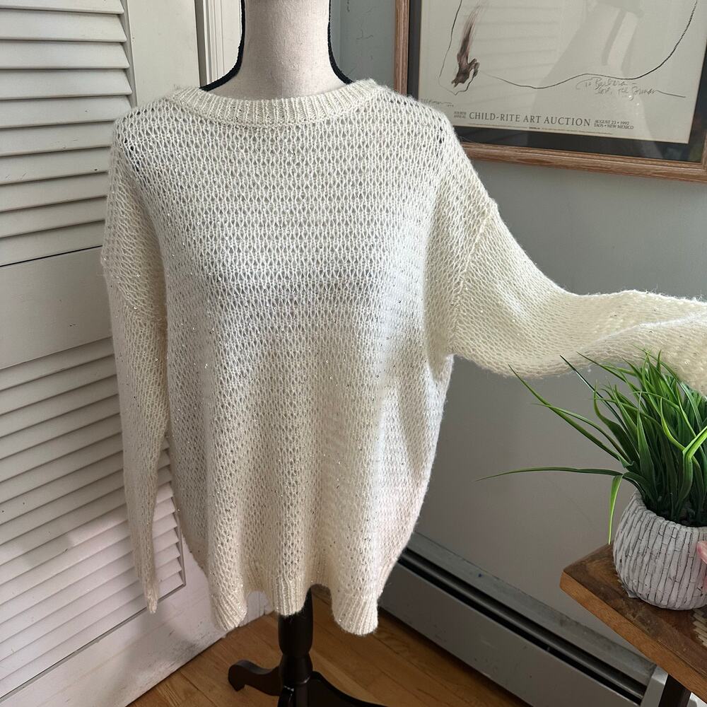 Nordstrom Sweater Womens Small Cream Cashmere Blend Sequins Winter Glam
